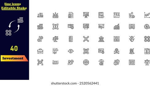 Investment stroke icon set featuring icons for investor, mutual funds, assets, stocks, risk management, economy, financial gains, interest, and more. Stroke icon collection.