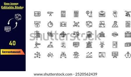 Investment stroke icon set featuring icons for investor, mutual funds, assets, stocks, risk management, economy, financial gains, interest, and more. Stroke icon collection.