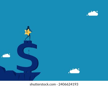 Investment success. Businesswoman holding a star on top of Money Mountain 