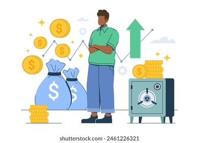 Éxito de inversión y estrategia de depósito de fondos económicos seguros. Caja fuerte cerrada, Dólares en una caja y bolsa, Caja fuerte, Depósito en efectivo. Ilustración vectorial