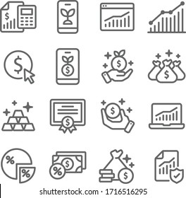 Investment symbol icon set vector illustration. Contains such icon as Gold, Portfolio, Certificate, Stock market, Growth, Finance and more. Expanded Stroke