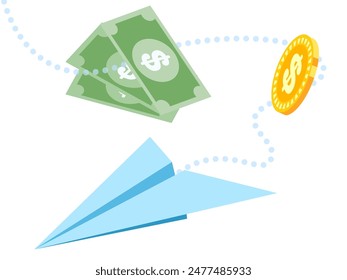 investment, target, paper plane, golden dollar coins, dollar bank note, financial, dashed lineม on white background, object