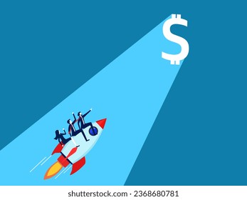 investment. team of businessmen drives a rocket towards the shining Money Gate