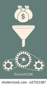 Investment and teamwork concept. Money falling into the funnel converted to the teamwork.