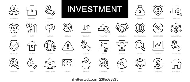 Juego de iconos de línea delgada de inversión. Icono de Inversión, Inversor, Activo, Beneficio, Cartera, Fondo, Dividendo. Iconos de trazo editables de inversión. Vector