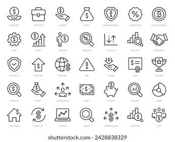 Conjunto de iconos de línea fina de inversión. Icono de Inversión, Inversor, Activo, Beneficio, Cartera, Fondo, Dividendo. Iconos de trazo editables de inversión. Vector