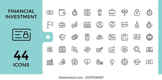 Investment thin line icons set. Featuring profit, finance, financial, asset, economy, business and more. Set of line pictogram. Editable vector illustration.