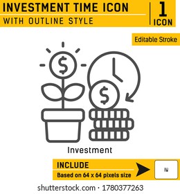 Icono de vector premium de tiempo de inversión con estilo de línea aislado en fondo blanco. Diseño para sitio web o aplicación móvil, negocios, finanzas, interfaz de usuario, UX y más. Incluir el tamaño de 64x64 píxeles basado. Trazo editable