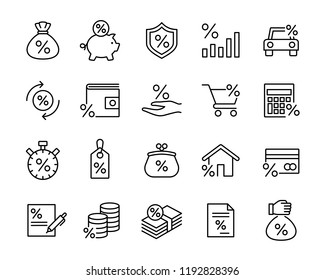 investment trade lending icons set; black line icons on white background.