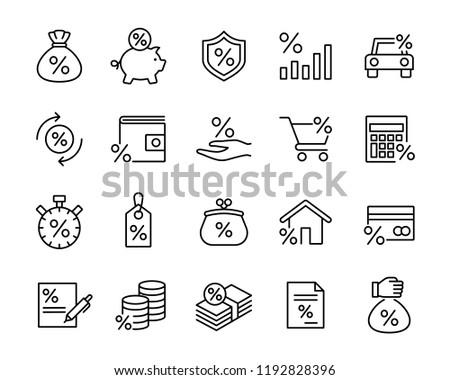 investment trade lending icons set; black line icons on white background.