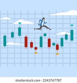 Investment trading concept, Successful trader making profit by growing stock market, Confident businesswoman investor with money bag walking on candlestick chart, investment trading.