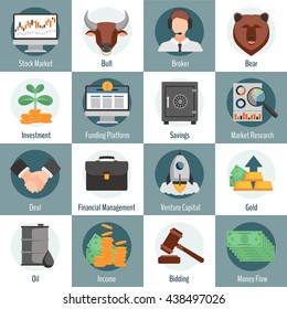 Investment and trading flat icons set for web design with bull bear broker gold oil bidding symbols isolated vector illustration 