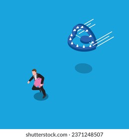 Investment and trap. Business person holding piggy bank and run away from traps 3d vector illustration concept for banner, website, illustration, landing page, flyer, etc