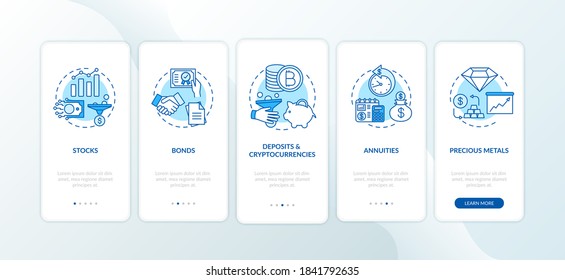 Investment types onboarding mobile app page screen with concepts. Money investing, capital management walkthrough five steps graphic instructions. UI vector template with RGB color illustrations