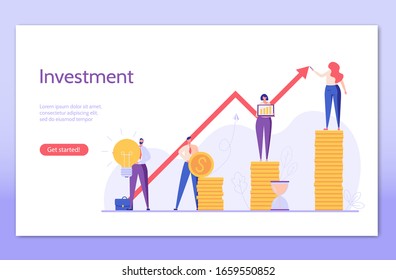 Investment UI Illustrations In Flat Design. Concepts Of Invest Analysis, Return Of Investment, Investment Growth. People Investing Money Mobile Service. Landing Page Of Investment Vector Illustration