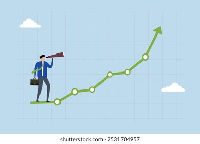 Potencial de inversión al alza, Businessman mira a través del telescopio para observar el gráfico de inversión ascendente.