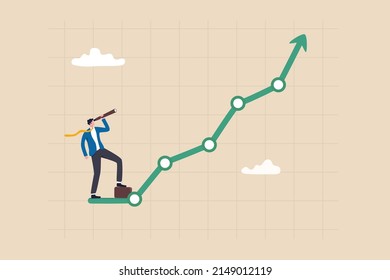Investment upside potential, economy prediction or forecast, vision or analyze future, business growth or earning increase concept, businessman look through telescope to see investment growing graph. svg