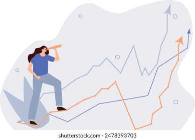 Investment upside potential, economy prediction or forecast, vision or analyze future, business growth or earning increase concept, businessman look through telescope to see investment growing graph.	