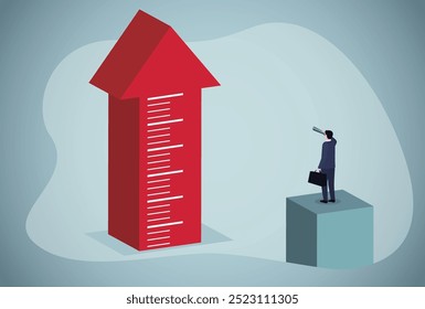 Investment upside potential, economy prediction or forecast, vision or analyze future, business growth or earning increase concept, businessman look through telescope to see investment growing graph.