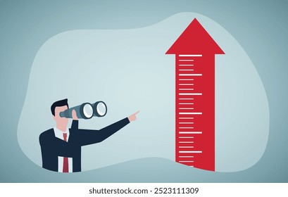 Potencial de investimento em alta, previsão ou previsão da economia, visão ou análise do futuro, crescimento dos negócios ou conceito de aumento de ganhos, empresário olhar através do telescópio para ver o gráfico de crescimento do investimento.