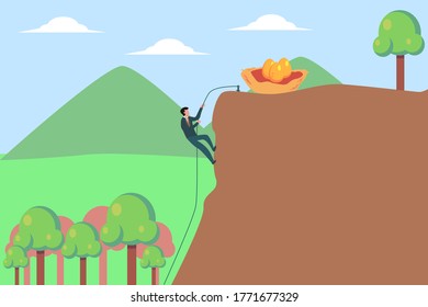 Investment vector concept: businessman doing rope climbing  towards golden eggs