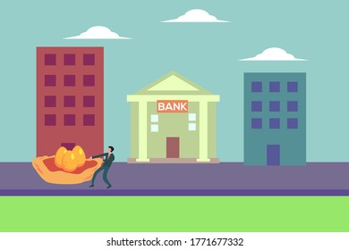 Investment vector concept: businessman pulling the nest full of big golden eggs to a bank