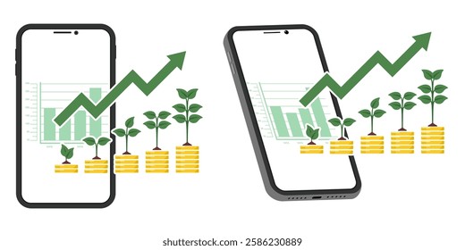 Investment vector illustration featuring financial growth charts on mobile screens with upward trends, bar graphs, and money stacks. Represents online trading, stock market, and financial success.