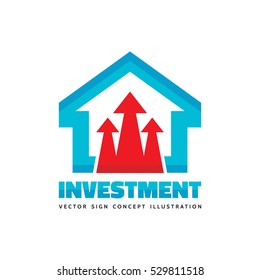 Investment - vector logo template concept illustration. Abstract building house and red arrows sign. Real estate. Design element.