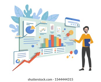 Investment and virtual finance. Communication and contemporary marketing. Business analysis concept. Infographic for web banner, hero images. Flat isometric vector illustration.