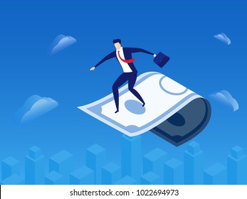 Investment and vision concept. Businessman flying carpet made of money looking for investment, success, opportunities, future business trends. Cartoon Vector Illustration.