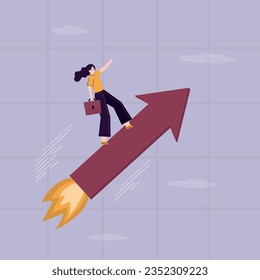 Investment vision, leadership, visionary. Businesswoman standing on an arrow flying up in sky. entrepreneur sees new business opportunities. Startup, arrow like rocket fly fast. vector illustration 
