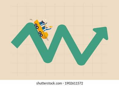 Investment Volatilität Metapher der Achterbahn, Fluktuation der Finanzmärkte nach oben und fallend Konzept, Menschen Anleger fahren Achterbahn auf fluktuierten Marktdiagrammen.