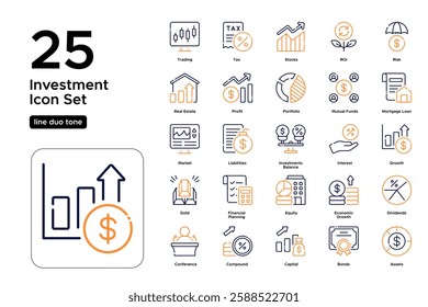 Investment and Wealth Creation. Money Management, Profitable Assets, and Stocks. Vector Illustration. Oultine duo tone icon set