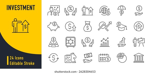 Ícones da Web de investimento no estilo de linha. Negócios, lucro, gestão de risco, finanças, econômico, dinheiro, cobrança. Ilustração vetorial.	