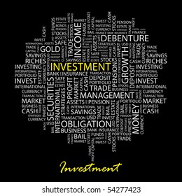 INVESTMENT. Word collage on black background. Vector illustration.