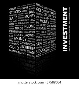 INVESTMENT. Word collage on black background. Illustration with different association terms.