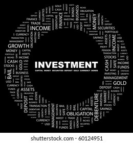 INVESTMENT. Word collage on black background. Illustration with different association terms.