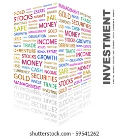 INVESTMENT. Word collage on white background. Illustration with different association terms.