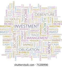 INVESTMENT. Word collage on white background. Vector illustration. Illustration with different association terms.