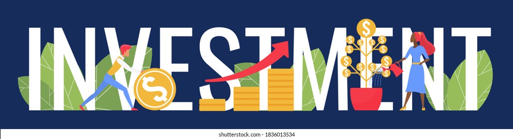 Investment word concept vector illustration. Cartoon flat investor people water gold money tree in pot, invest golden coins to receive financial dividends in bank, finance investing design background