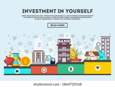 Investment in yourself banner with text. Investing money in bank deposit, real estate, coin bank savings, financial profit vector illustration. Business, finance and wealth concept
