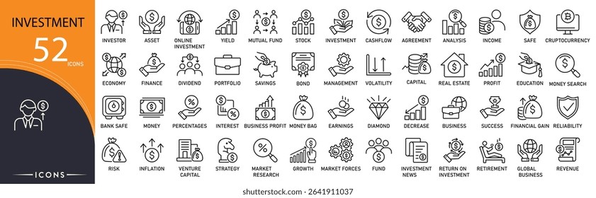 Investment-related icon collections. Containing finance, profit, ROI, savings, stocks, portfolio, money, income, wealth, and funding icons. Editable Stroke.