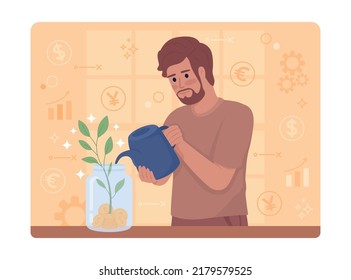 Investments 2D vector isolated illustration. Man holding watering pot flat character on cartoon background. Colourful editable scene for mobile, website, presentation. Quicksand font used