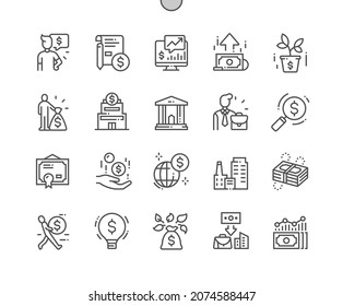 Investments. Bank, business, finance and money. Dollar bill. Contract, certificate and statistics. Pixel Perfect Vector Thin Line Icons. Simple Minimal Pictogram