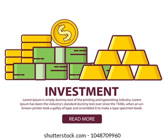 Investments business concept statistic gold and securities.Financial stock market profit. Income and profit in cash notes and coins and ingots of gold.Cartoon style. American dollars.