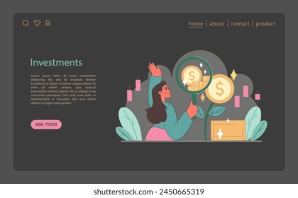 Investments concept. Charting growth through savvy investment choices. Celebrating financial gains and market understanding. Flat vector illustration.