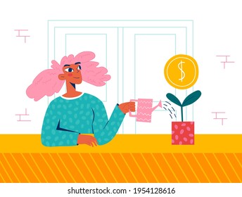 Investments concept. The girl on the balcony waters the plant with the dollar symbol. 