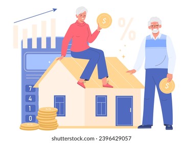 Investments  estate. Mature man and woman buy real estate.  Old couple holds coins in their hands.