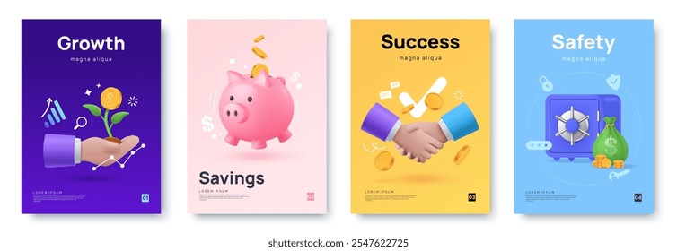 Investments and finance posters with illustrations in 3D style and space for text. Investment and business infographic collection - growth, savings, success, safety. Ideal for banner, web, flyer.