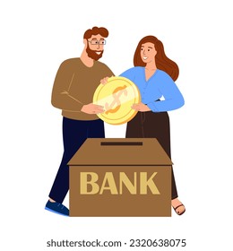 Investments Fund Savings,Happy Confident Young Couple Woman and Man Characters Put Golden Coin to Bank.Rejoice to Get Superannuation.Money Fund Safety and Stability. People Flat Vector Illustration